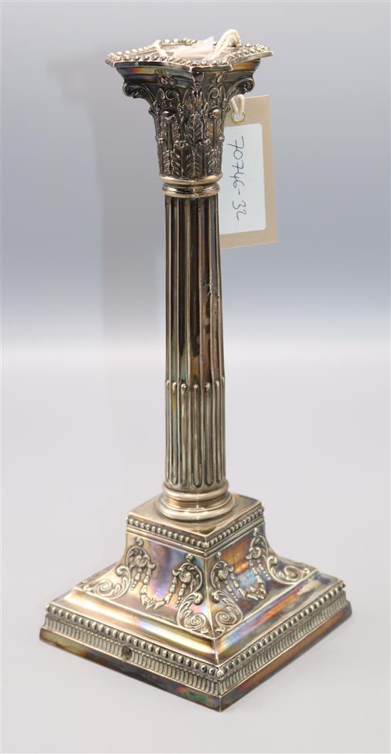 George V silver Corinthian column candlestick, converted to lamp